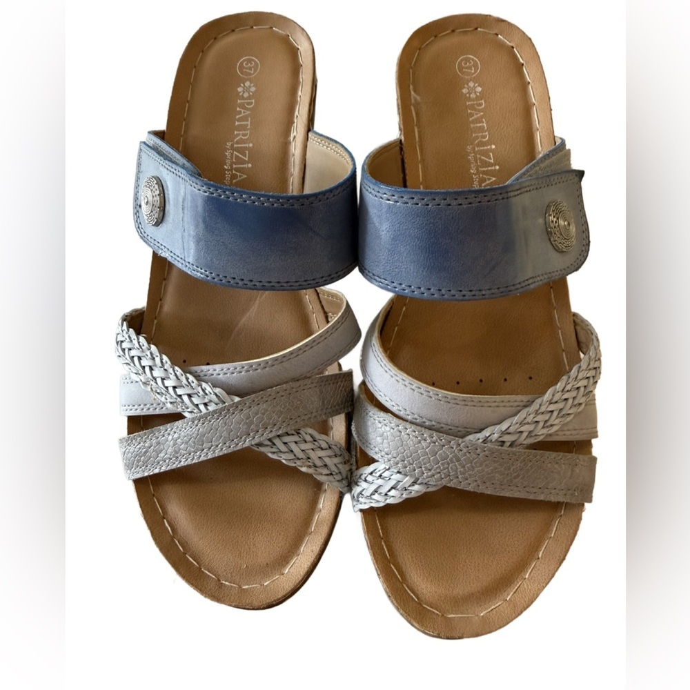 Patrizia Women's Silver & Blue Leather Slide Sandals. Size 37/6.5